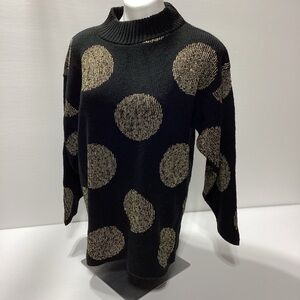 Vintage Doris Skis Sweater Size M Black Metallic Gold Polka Dot Holiday Winter